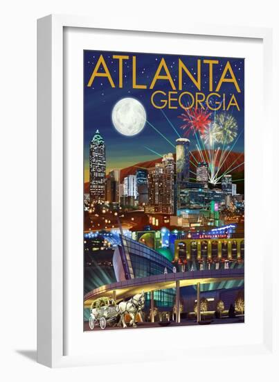 Atlanta, Georgia - Skyline at Night-Lantern Press-Framed Art Print