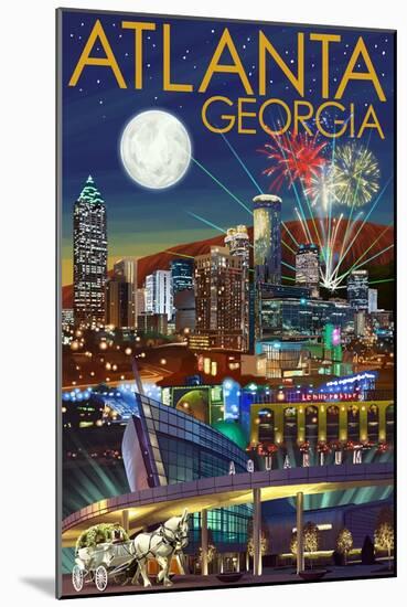 Atlanta, Georgia - Skyline at Night-Lantern Press-Mounted Art Print