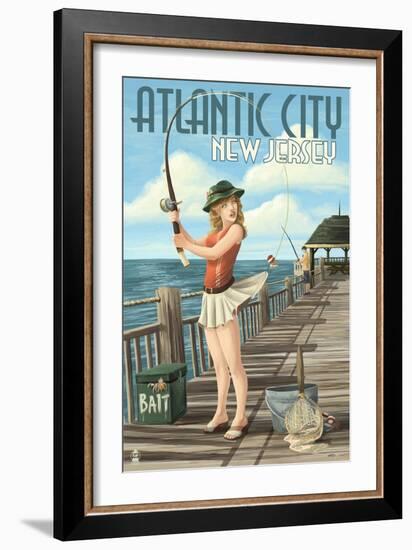 Atlantic City, New Jersey - Fishing Pinup Girl-Lantern Press-Framed Art Print