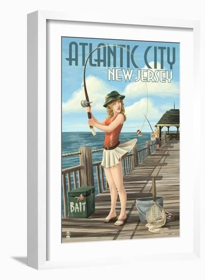 Atlantic City, New Jersey - Fishing Pinup Girl-Lantern Press-Framed Art Print