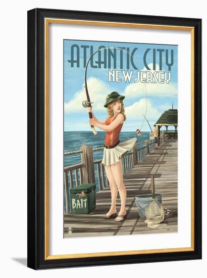 Atlantic City, New Jersey - Fishing Pinup Girl-Lantern Press-Framed Art Print