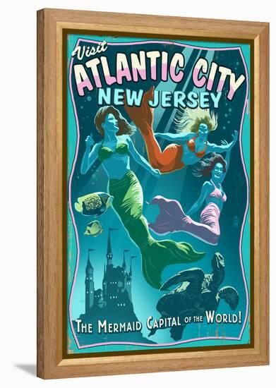 Atlantic City, New Jersey - Mermaids Vintage Sign-Lantern Press-Framed Stretched Canvas