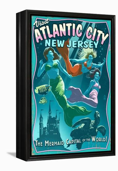 Atlantic City, New Jersey - Mermaids Vintage Sign-Lantern Press-Framed Stretched Canvas