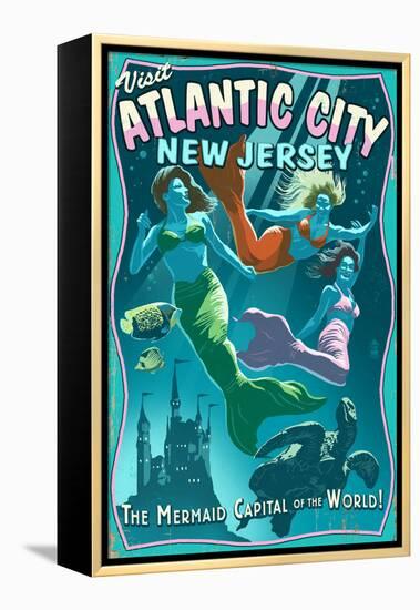 Atlantic City, New Jersey - Mermaids Vintage Sign-Lantern Press-Framed Stretched Canvas