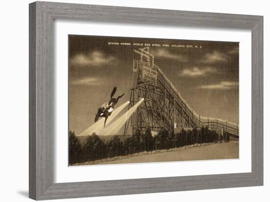 Atlantic City, New Jersey - Ocean End Steel Pier Diving Horse Scene - Sepia Version-Lantern Press-Framed Art Print