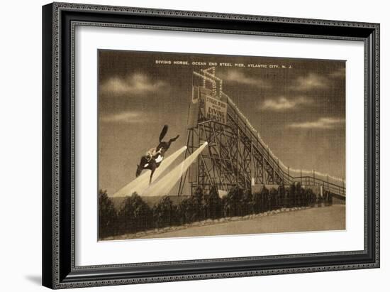 Atlantic City, New Jersey - Ocean End Steel Pier Diving Horse Scene - Sepia Version-Lantern Press-Framed Art Print