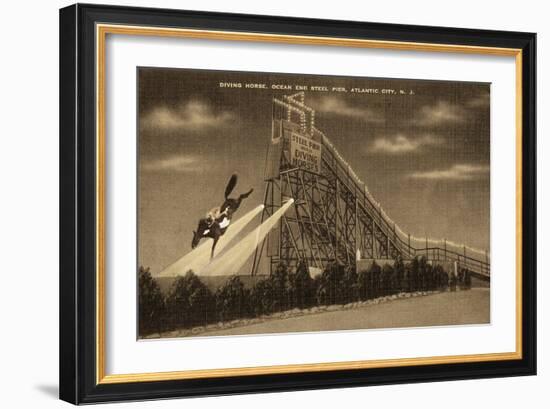 Atlantic City, New Jersey - Ocean End Steel Pier Diving Horse Scene - Sepia Version-Lantern Press-Framed Art Print