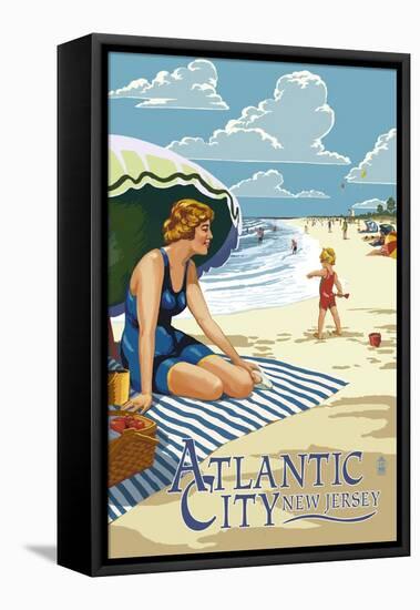 Atlantic City, New Jersey - Woman on the Beach-Lantern Press-Framed Stretched Canvas