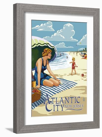 Atlantic City, New Jersey - Woman on the Beach-Lantern Press-Framed Art Print