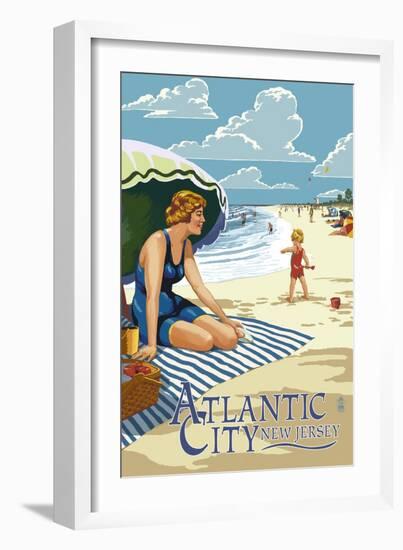 Atlantic City, New Jersey - Woman on the Beach-Lantern Press-Framed Art Print