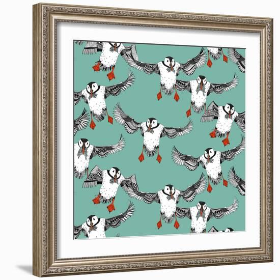 Atlantic Puffins Mint-Sharon Turner-Framed Art Print