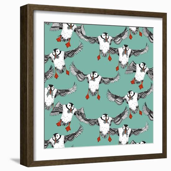 Atlantic Puffins Mint-Sharon Turner-Framed Art Print