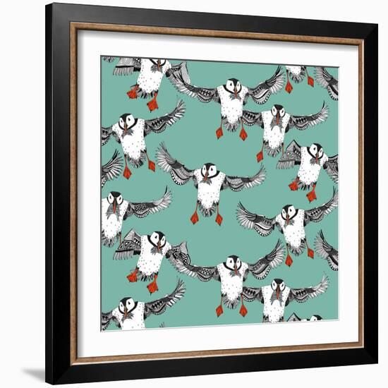 Atlantic Puffins Mint-Sharon Turner-Framed Art Print