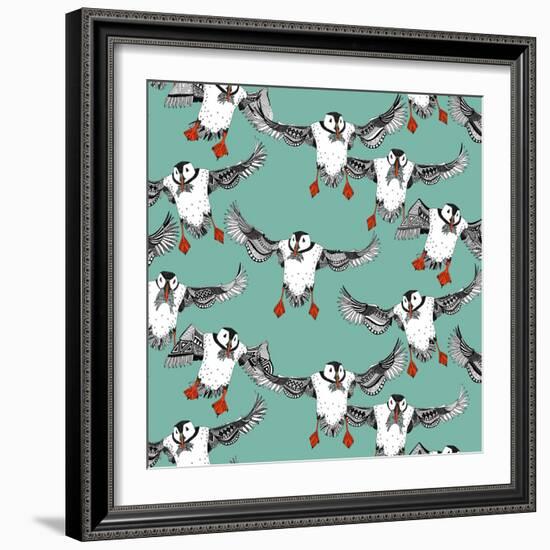 Atlantic Puffins Mint-Sharon Turner-Framed Art Print