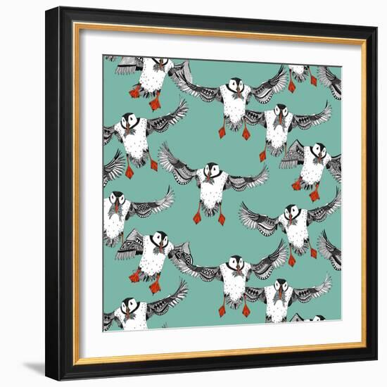 Atlantic Puffins Mint-Sharon Turner-Framed Art Print