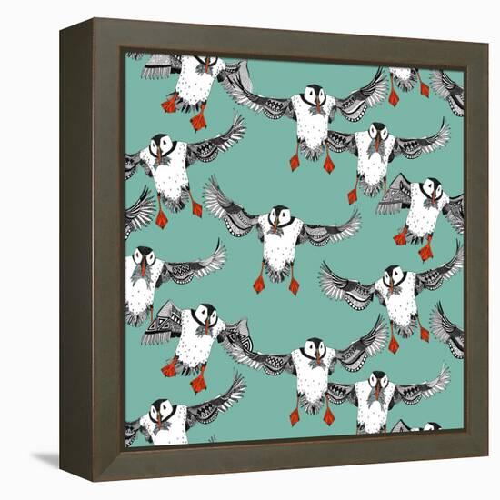 Atlantic Puffins Mint-Sharon Turner-Framed Stretched Canvas