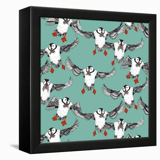 Atlantic Puffins Mint-Sharon Turner-Framed Stretched Canvas