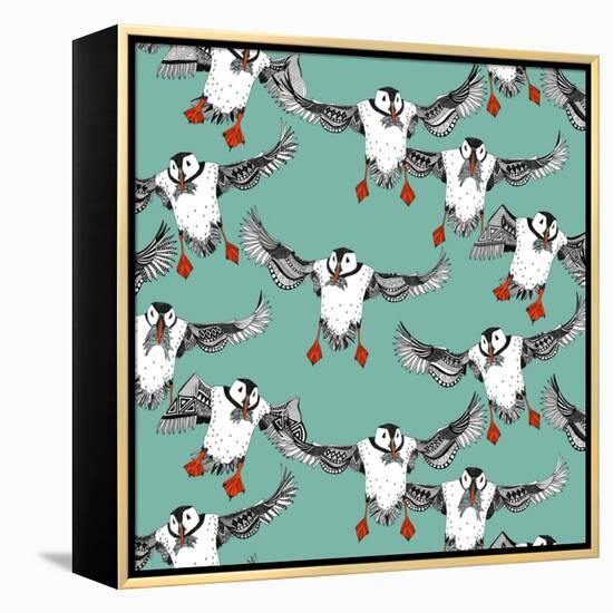 Atlantic Puffins Mint-Sharon Turner-Framed Stretched Canvas