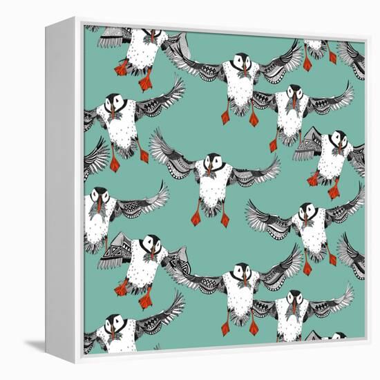 Atlantic Puffins Mint-Sharon Turner-Framed Stretched Canvas