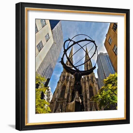 Atlas Sculpture and St. Patrick's Cathedral, Manhattan, New York-Sabine Jacobs-Framed Photographic Print