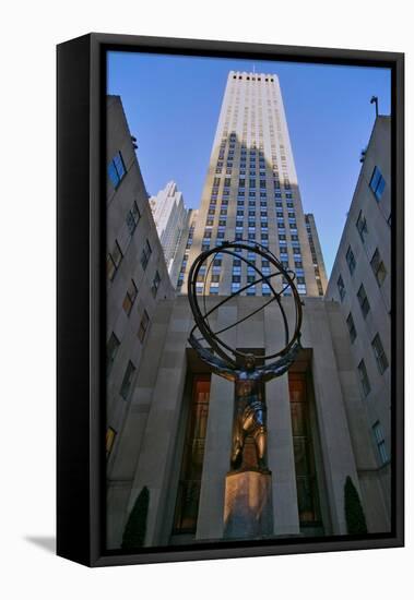 Atlas Statue holding the world at Rockefeller Center, New York City, New York-null-Framed Premier Image Canvas