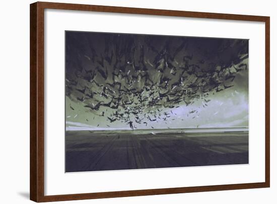 Attack of Crows,Man Running Away from Flock of Birds,Illustration Painting-Tithi Luadthong-Framed Art Print