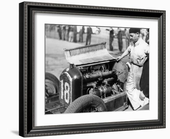 Attilio Marinoni, Chief Mechanic of Scuderia Ferrari, with an Alfa Romeo, 1934-null-Framed Premium Photographic Print