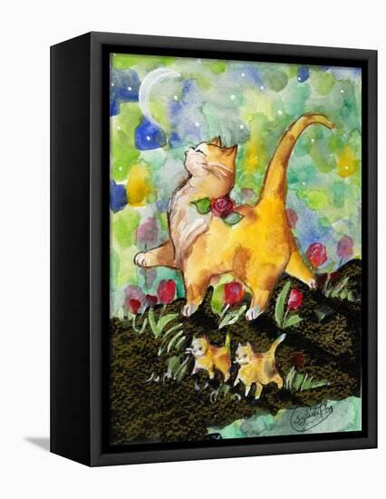 Attitude Momma Cat with Kittens Moon-sylvia pimental-Framed Stretched Canvas