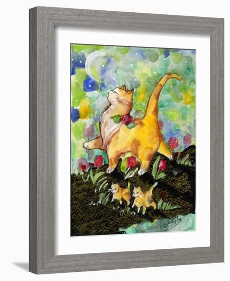 Attitude Momma Cat with Kittens Moon-sylvia pimental-Framed Art Print