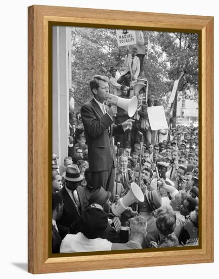 Attorney General Bobby Kennedy Speaking to Crowd in D.C.-Warren K^ Leffler-Framed Stretched Canvas