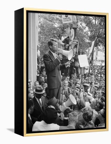 Attorney General Bobby Kennedy Speaking to Crowd in D.C.-Warren K^ Leffler-Framed Stretched Canvas