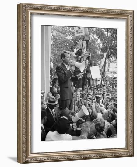 Attorney General Bobby Kennedy Speaking to Crowd in D.C.-Warren K^ Leffler-Framed Photo