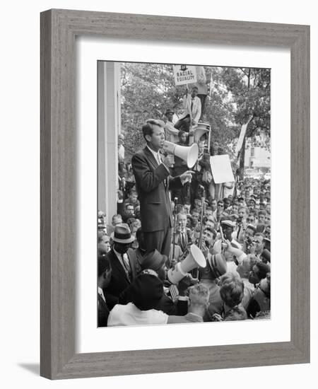 Attorney General Bobby Kennedy Speaking to Crowd in D.C.-Warren K^ Leffler-Framed Photo