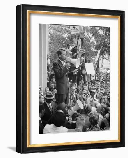 Attorney General Bobby Kennedy Speaking to Crowd in D.C.-Warren K^ Leffler-Framed Photo