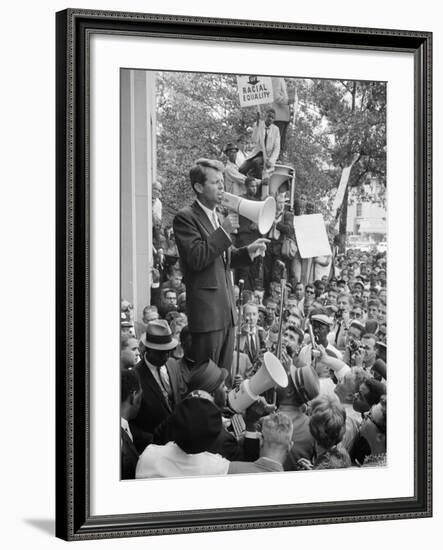 Attorney General Bobby Kennedy Speaking to Crowd in D.C.-Warren K^ Leffler-Framed Photo