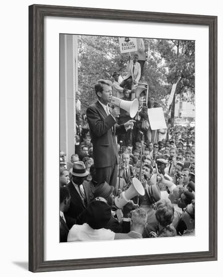 Attorney General Bobby Kennedy Speaking to Crowd in D.C.-Warren K^ Leffler-Framed Photo