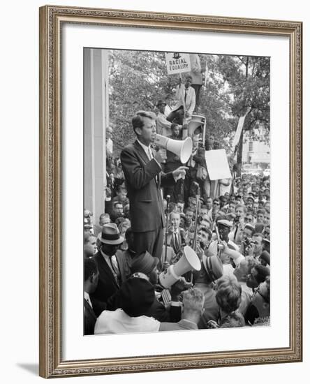 Attorney General Bobby Kennedy Speaking to Crowd in D.C.-Warren K^ Leffler-Framed Photo