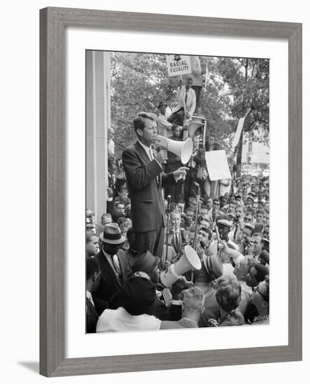 Attorney General Bobby Kennedy Speaking to Crowd in D.C.-Warren K^ Leffler-Framed Photo