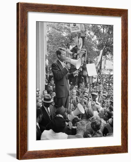 Attorney General Bobby Kennedy Speaking to Crowd in D.C.-Warren K^ Leffler-Framed Photo