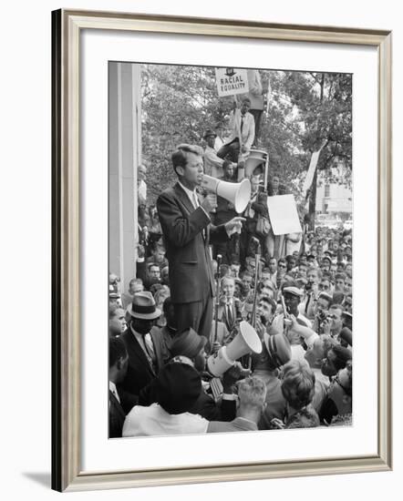 Attorney General Bobby Kennedy Speaking to Crowd in D.C.-Warren K^ Leffler-Framed Photo