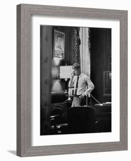 Attorney General Robert F. Kennedy, Talking on the Telephone in His Office-George Silk-Framed Photographic Print
