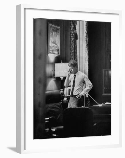 Attorney General Robert F. Kennedy, Talking on the Telephone in His Office-George Silk-Framed Photographic Print