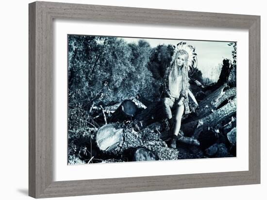 Attractive Modern Girl in Style of the American Indians. Western Style. Jeans Fashion. Tattoo.-prometeus-Framed Photographic Print