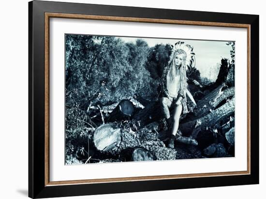 Attractive Modern Girl in Style of the American Indians. Western Style. Jeans Fashion. Tattoo.-prometeus-Framed Photographic Print