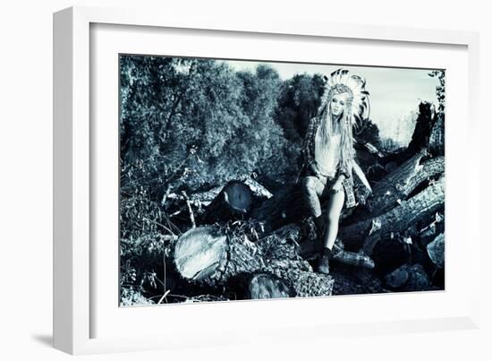 Attractive Modern Girl in Style of the American Indians. Western Style. Jeans Fashion. Tattoo.-prometeus-Framed Photographic Print