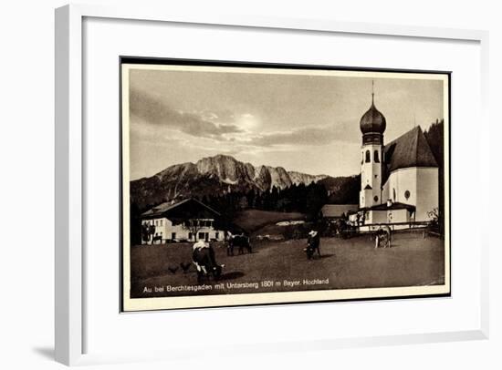 Au Berchtesgaden Bayer. Hochland, Rinder an Der Kirche, Wohnhaus, Felsen-null-Framed Giclee Print