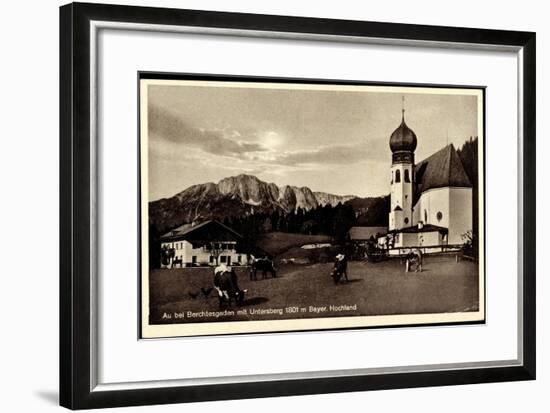 Au Berchtesgaden Bayer. Hochland, Rinder an Der Kirche, Wohnhaus, Felsen-null-Framed Giclee Print