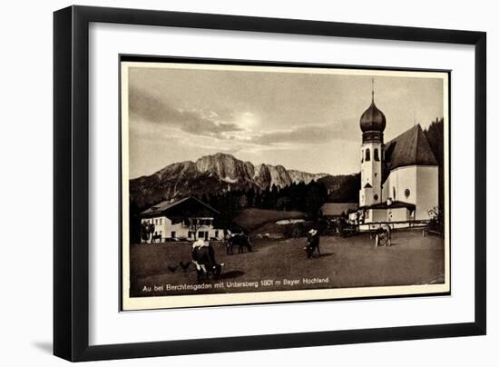 Au Berchtesgaden Bayer. Hochland, Rinder an Der Kirche, Wohnhaus, Felsen-null-Framed Giclee Print