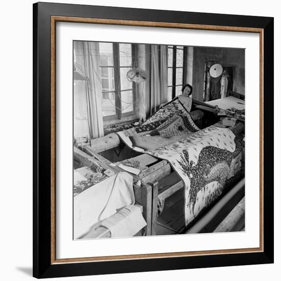 Aubusson Tapestry Weaving in France with Modern Designs Revived from French Painters, 1946-David Scherman-Framed Photographic Print