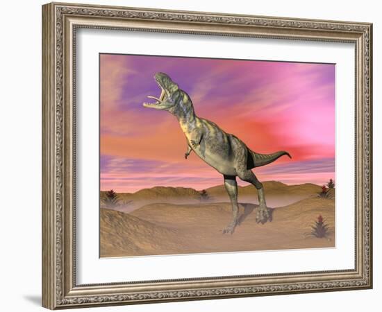 Aucasaurus Dinosaur Roaring in the Desert by Sunset-null-Framed Art Print